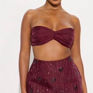 Fashion Nova Burgundy Strapless Crop Top & Skirt Set